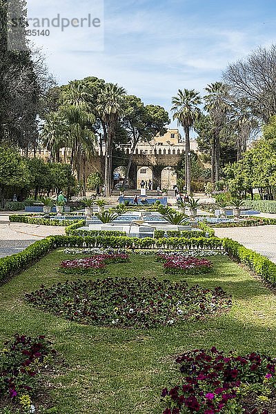 Stadtpark mit Springbrunnen und Blumen  Garten Jnan Sbil  Fez  Fes-Boulemane  Marokko  Afrika