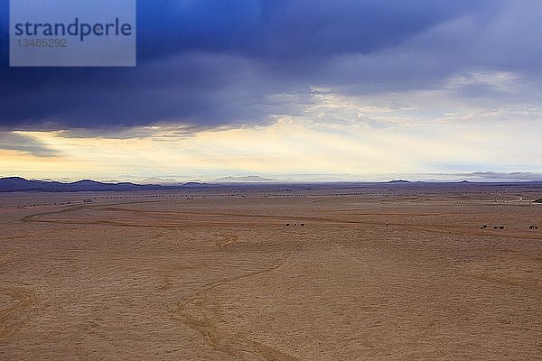 Luftaufnahme  Wüstenlandschaft  dunkle Wolken über dem Rand der Namib-Wüste  Namib-Naukluft-Nationalpark  Erongo-Region  Namibia  Afrika