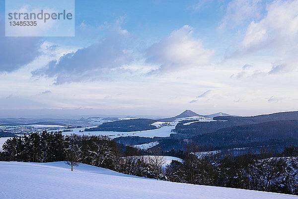 Winterlandschaft im Hegau  am Horizont der Hegauvulkan Hohenhewen  Konstanz  Baden-WÃ¼rttemberg  Deutschland  Europa