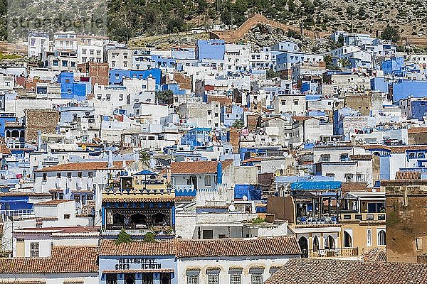 Blaue Häuser  mit Blick auf Chefchaouen  Chaouen  Riffgebirge  Tanger-Tétouan  Marokko  Afrika
