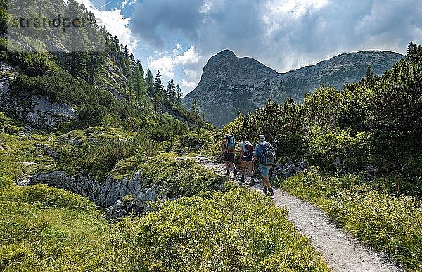 Wanderer auf dem Weg zum KÃ¤rlingerhaus  hinter dem Viehkogel-Gipfel  Nationalpark Berchtesgaden  Berchtesgadener Land  Oberbayern  Bayern  Deutschland  Europa