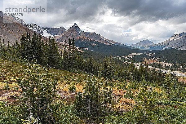 Blick auf Mount Athabasca und Hilda Peak im Herbst  Parker Ridge  Jasper National Park National Park  Kanadische Rocky Mountains  Alberta  Kanada  Nordamerika