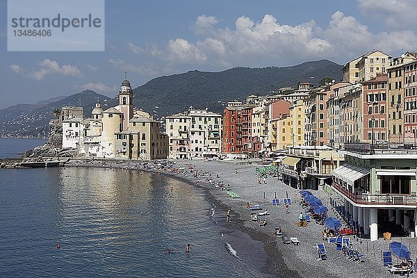 Strand mit Kirche Santa Maria Assunta  Camogli  Provinz Genua  Golfo Paradiso  Riviera di Levante  Ligurien  Italien  Europa