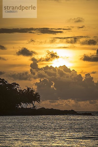Küste mit Palmen bei Sonnenuntergang  Wolkenhimmel  Bom Bom Resort  Príncipe Island  Sao Tome und Principe  Afrika