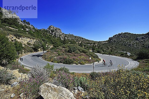Zwei Rennradfahrer auf einer kurvenreichen Straße  in der Nähe von Kalamafka  Kreta  Griechenland  Europa