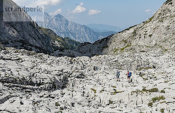 Wanderer überquert Felsen  Funtenseetauern  Steinernes Meer  Nationalpark Berchtesgaden  Berchtesgadener Land  Oberbayern  Bayern  Deutschland  Europa