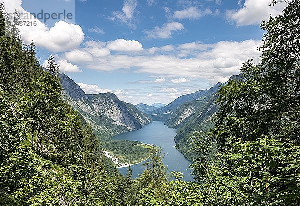 Blick über den Königssee mit Wallfahrtskirche St. Bartholomä vom Sagerecksteig  Nationalpark Berchtesgaden  Berchtesgadener Land  Oberbayern  Bayern  Deutschland  Europa