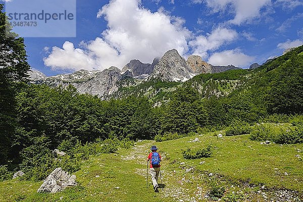 Wanderin im Kukaj-Tal mit Jezerca  Maja e Jezercës  Valbona-Nationalpark  Albanische Alpen  Prokletije  Qar Kukes  Albanien  Europa