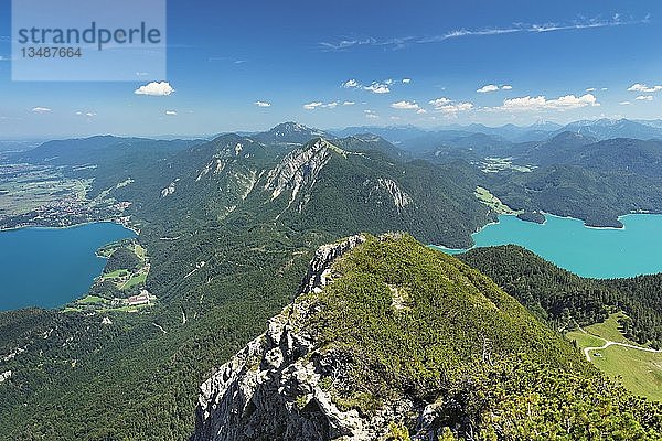 Blick vom Herzogstand auf die Benediktinermauer und den Jochberg  Kochelsee  Walchensee  Oberbayern  Bayern  Deutschland  Europa