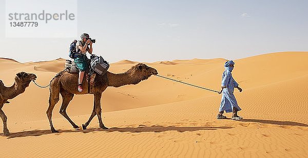 Tourist auf einem Dromedar mit Beduinen (Camelus dromedarius)  Sanddünen in der Wüste  Erg Chebbi  Merzouga  Sahara  Marokko  Afrika