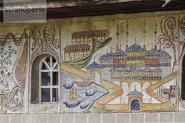 Malereien an der Außenfassade der Junggesellenmoschee  Xhamia e Beqarve  Berat  Qark Berat  Albanien  Europa