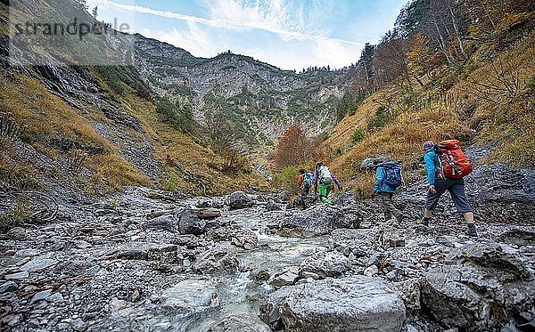 Wandergruppe in der Wolfsschlucht  Aufstieg zum Predigtstuhl  Fluss Feldweissach Herbst  Wildbad Kreuth  Oberbayern  Bayern  Deutschland  Europa