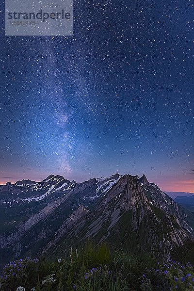 SÃ¤ntismassiv mit Nachthimmel und MilchstraÃŸe  Auenlandschaft  Appenzell  Schweiz  Europa