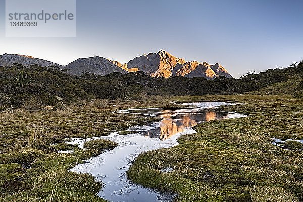 Ailsa Mountains spiegelt sich im Teich am Key Summit bei Abendstimmung  Gebirgskette des Fiordland National Park  Southland  Neuseeland  Ozeanien