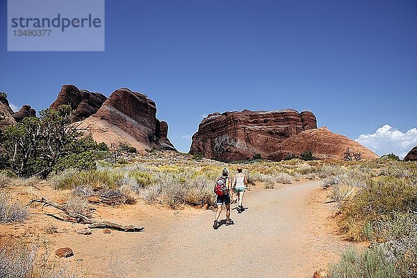 Wanderer auf einem Pfad in Devil's Garden mit durch Erosion entstandenen Sandsteinfelsen  Arches-Nationalpark  Devils Garden  Moab  Utah  Vereinigte Staaten  Nordamerika