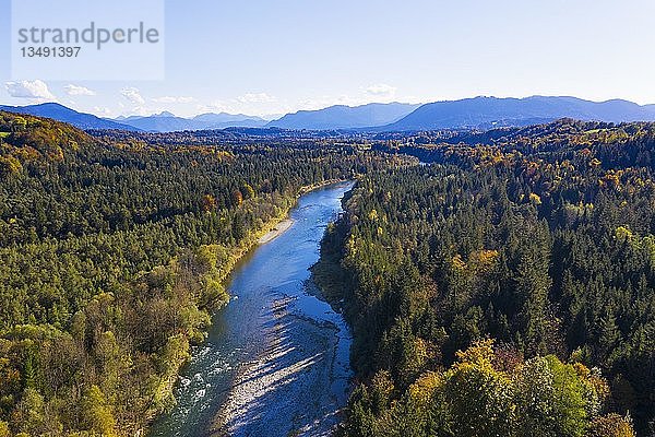 Flusslauf Isar  Naturschutzgebiet Isarauen  bei Bad TÃ¶lz  Drohnenaufnahme  Alpenvorland  Oberbayern  Bayern  Deutschland  Europa