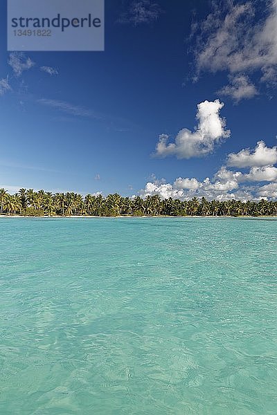 Traumstrand  Sandstrand mit Palmen und türkisfarbenem Meer  bewölkter Himmel  Parque Nacional del Este  Insel Saona Island  Karibik  Dominikanische Republik  Mittelamerika