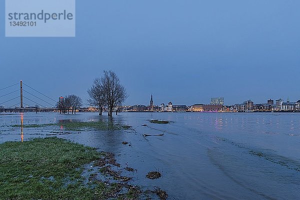 Hochwasser auf dem Rhein vor der DÃ¼sseldorfer Altstadt zur blauen Stunde  DÃ¼sseldorf  Nordrhein-Westfalen  Deutschland  Europa