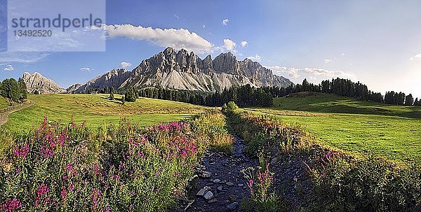 Panoramablick vom Würzjoch mit den Aferer Geisler Bergen und dem Peitlerkofel im Hintergrund  Villnösstal  Provinz Bozen  Italien  Europa