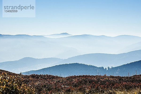 Gestaffelte Bergketten im Dunst  Am Hohneck  Col de la Schlucht  Vogesen  Elsass-Lothringen  Frankreich  Europa