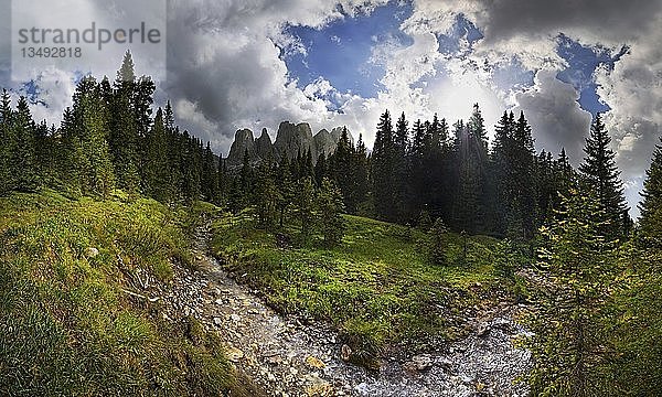 Bergwald mit kleinem Bach  Geislergruppe  Geislergruppe bei Ranui  St. Magdalena  Villnösser- oder Fränkisches Tal  Dolomiten  Südtirol  Italien  Europa