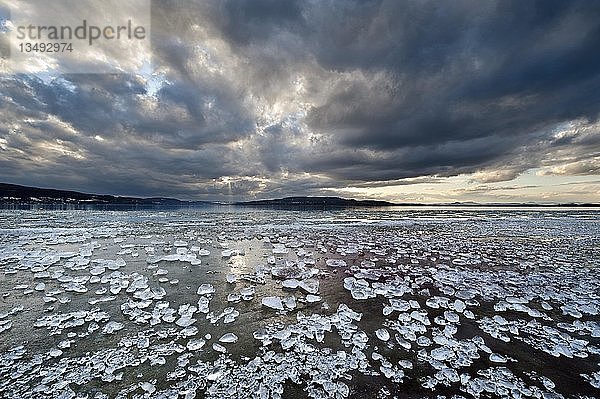 Eisbrocken auf einer vereisten Fläche am Ufer der Insel Reichenau  Baden-Württemberg  Deutschland  Europa