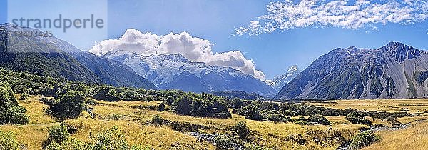 Verschneiter Mount Cook  Aoraki-Gebirgskette und Buschlandschaft  Mount Cook National Park  Neuseeländische Alpen  Südinsel  Neuseeland  Ozeanien