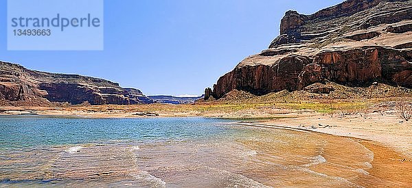Ufer des Lake Powell  umgeben von roten Navajo-Sandsteinfelsen  Felsformationen  Page  Arizona  USA  Nordamerika