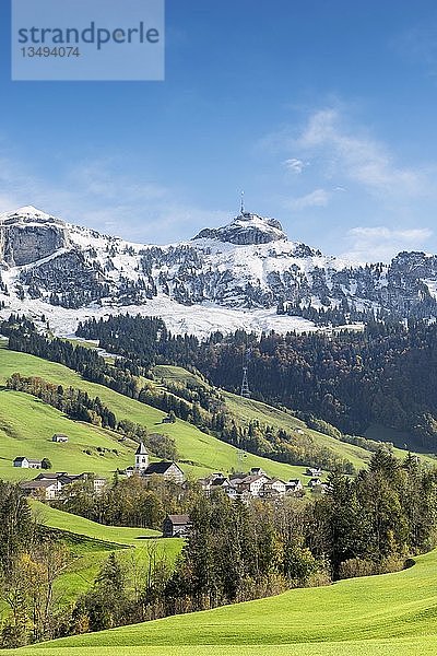 Grüne Weiden im Appenzellerland mit der Gemeinde Bruelisau und den schneebedeckten Appenzeller Alpen  Kanton Appenzell-Innerrhoden  Schweiz  Europa