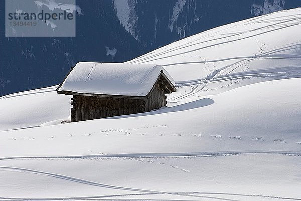 Verschneite Berghütte  die Heu auf einem schneebedeckten Hang mit Skispuren lagert  Graubünden  Schweiz  Europa