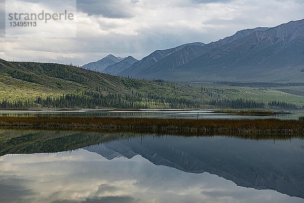 Hügelige Landschaft  die sich in einem See spiegelt  Talbot Lake  Jasper National Park  British Columbia  Kanada  Nordamerika