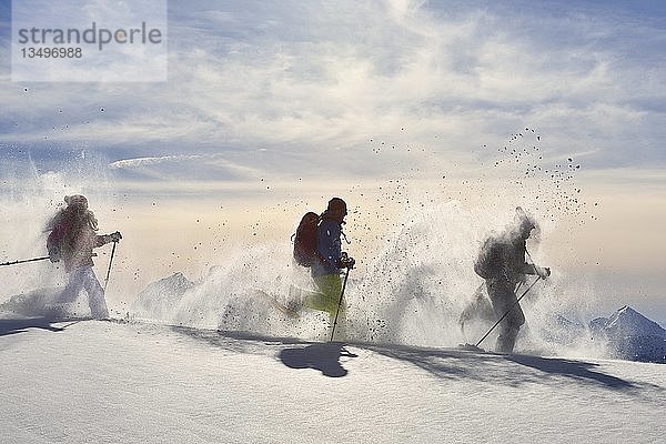 Drei Schneeschuhwanderer beim Wandern im Schnee  Schneeschuhtour zum Fellhorn  Reit im Winkl  Bayern  Oberbayern  Deutschland  Europa