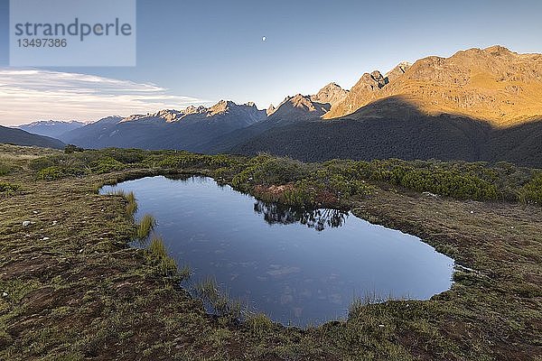 Teich am Key Summit  Abendstimmung  Fiordland National Park Gebirge  Southland  Neuseeland  Ozeanien