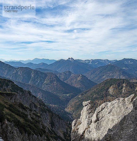 Blick in die Alpen  Überquerung der Blauberge  vom Predigtstuhl über Blaubergschneid  Blaubergkopf und Karschneid zum Halserspitz  Wildbad Kreuth  Oberbayern  Bayern  Deutschland  Europa