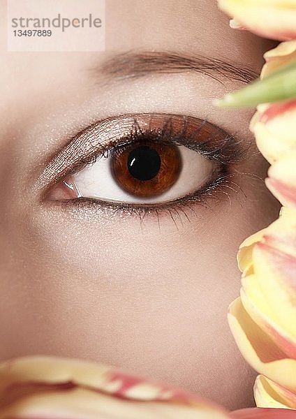 Auge einer Frau umrahmt von Tulpen
