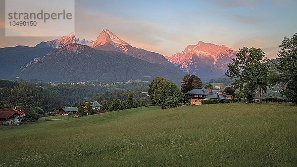 Bergmassiv mit Watzmann und Hochkalter in der Dämmerung  davor Almwiesen und Wald  Nationalpark Berchtesgaden  Bayern  Deutschland  Europa