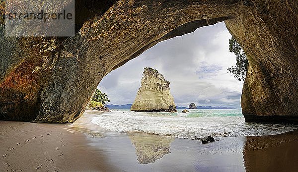 Cathedral Cave mit freistehenden Kalksandsteinfelsen  Cathedral Cove Beach  Mercury Bay  Te Whanganui-A-Hei  Hahei  Coromandel Peninsula  Nordinsel  Neuseeland  Ozeanien