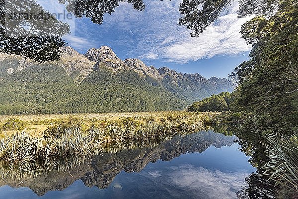 Mirror Lake mit Wasserreflexionen der Berge  Fiordland National Park  Milford Highway  Southland  Neuseeland  Ozeanien