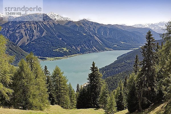 Reschensee  Stausee  hinter Grauner Berg oder Monte Curon 2526m  Reschen am Reschenpass  Vinschgau  Trentino-Südtirol  Italien  Europa