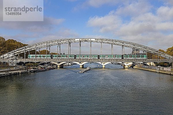 Metro überquert die Seine auf einer Stahlbrücke  Pont d'Austerlitz  Paris  Frankreich  Europa