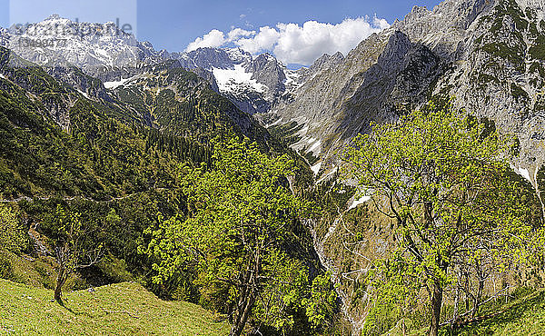 Blick vom KnappenhÃ¤user auf verschneite Gipfel der Zugspitze mit HÃ¶llentalferner und auf das HÃ¶llental  KnappenhÃ¤user  Hammerbach  Landkreis Garmisch-Partenkirchen  Oberbayern  Bayern  Deutschland  Europa