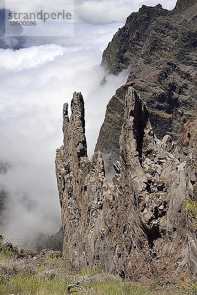 Blick in die Caldera de Taburiente mit vulkanischem Deich im Vordergrund  Roque de los Muchachos  Nationalpark Caldera de Taburiente  Kanarische Inseln  La Palma  Spanien  Europa