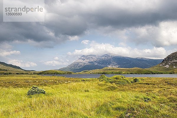 Blick über die Moorlandschaft auf Loch nan Elachan und Ben Arkle  787m  Sutherland  Schottland  Vereinigtes Königreich  Europa