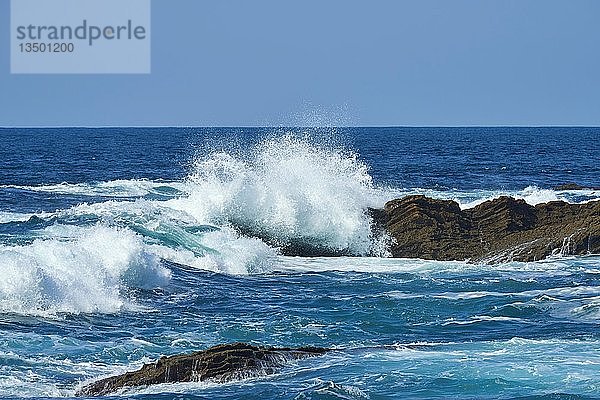 Brechende Wellen an felsiger Küste  atlantischer Ozean  bei Hondarribia  Baskenland  Spanien  Europa