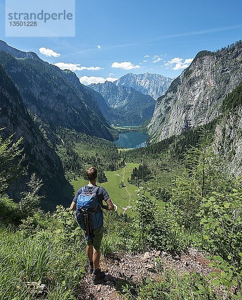 Blick auf den Obersee und Königsee  Wanderer auf dem Röthsteig  im Hintergrund der Watzmann  Berchtesgaden  Oberbayern  Bayern  Deutschland  Europa