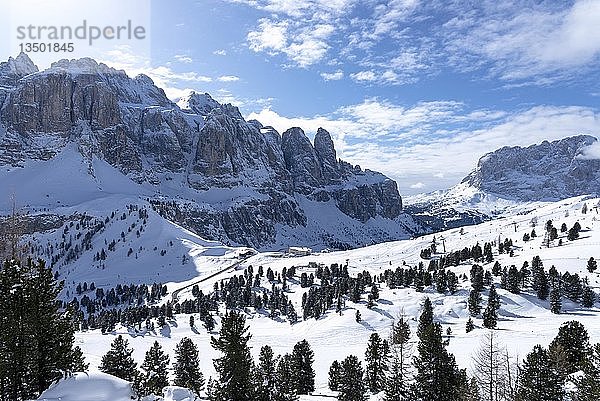 Blick vom Plan de Gralba auf das Grödner Skigebiet im Winter  bei Bozen  Südtirol  Italien  Europa