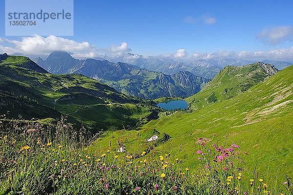 Seealpsee mit Höfats  Blick vom Zeigersattel auf das Nebelhorn  Allgäuer Alpen  Oberstdorf  Oberallgäu  Allgäu  Schwaben  Bayern  Deutschland  Europa