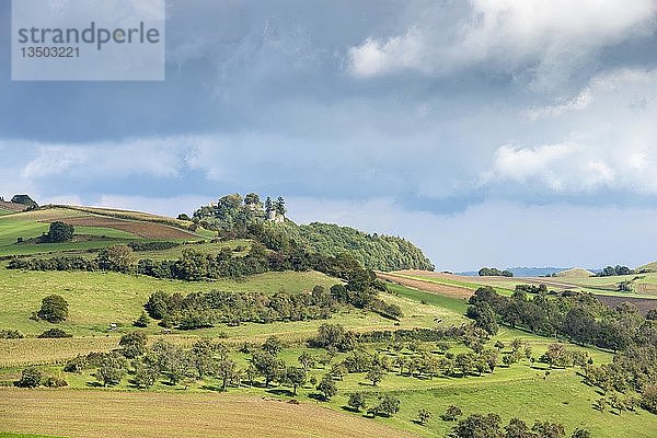 Landwirtschaftliche Flächen in der Hügellandschaft des Hegaus mit Feldern  Obstgärten und Weiden  Mögdeberg mit Burgruine im Hintergrund  Baden-Württemberg  Deutschland  Europa