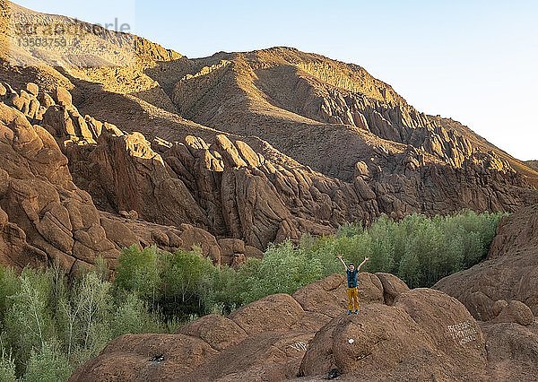 Junger Mann steht auf Felsen und streckt die Arme in die Luft  Felsformation Pattes Des Singes  rote Sandsteinfelsen  Gorges du Dades  Dades-Schlucht  Tamellalt  Marokko  Afrika