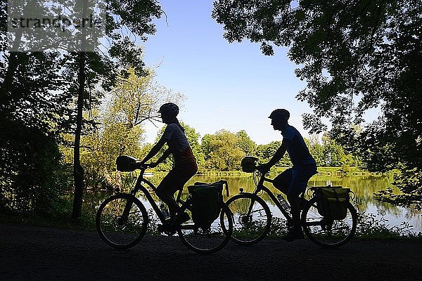 Silhouette  Radfahrer an der Isar bei Loiching  Ostbayern  Niederbayern  Bayern  Deutschland  Europa
